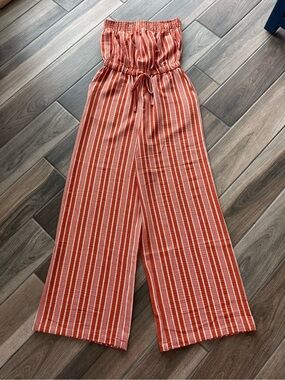 No Boundaries Rust and White Strapless Wide-Leg Jumpsuit
